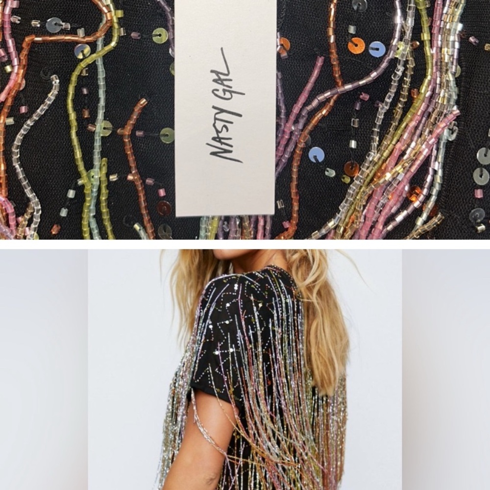 Nasty Gal Black Mesh Top with Multicolor Beads